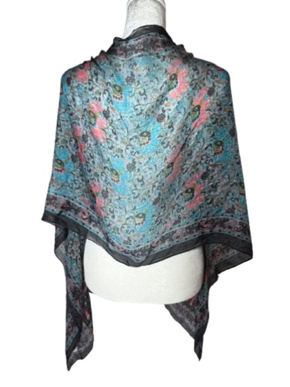Lightweight 100% Silk Black & Blue Floral & Elephant Sheer Shawl Wrap Scarf